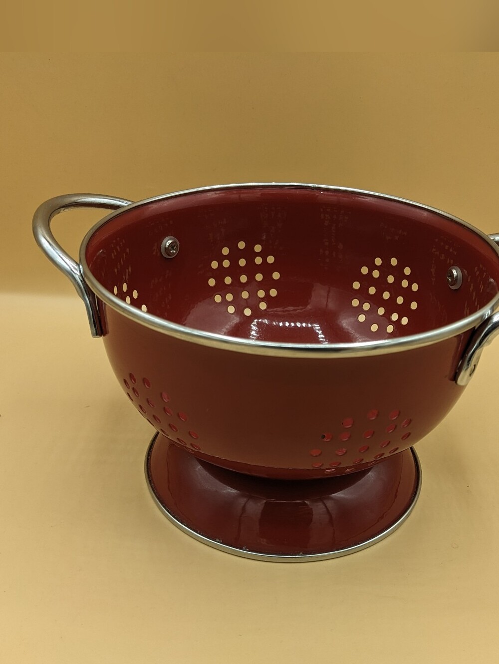 Small Red Colander Strainer Stainless Trim Handles 6.75" Diameter Enamel Pre-own